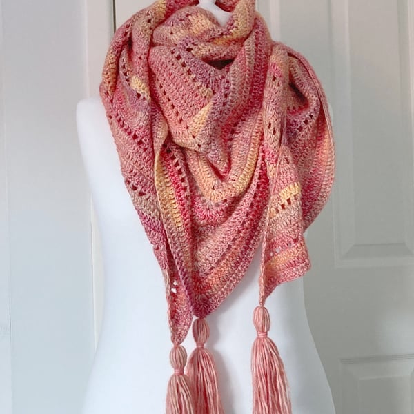Crocheted Tasseled Cotton Triangle Shawl