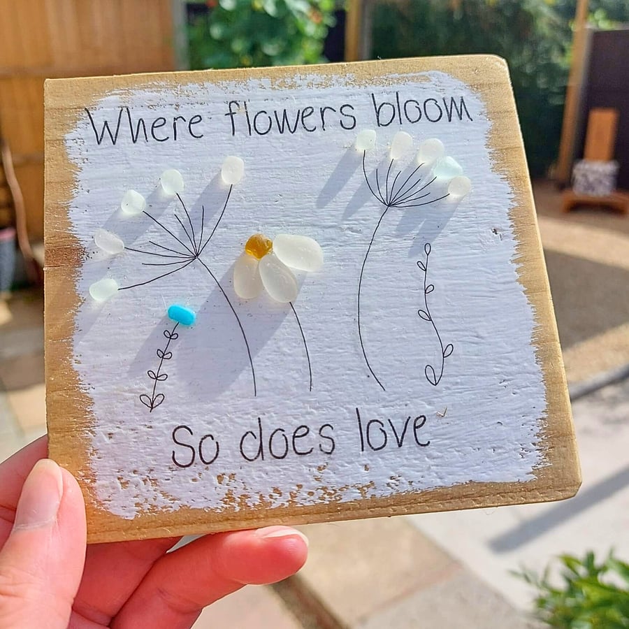 Sea Glass Wildflower Wall Art, Handmade Floral Quote Decor