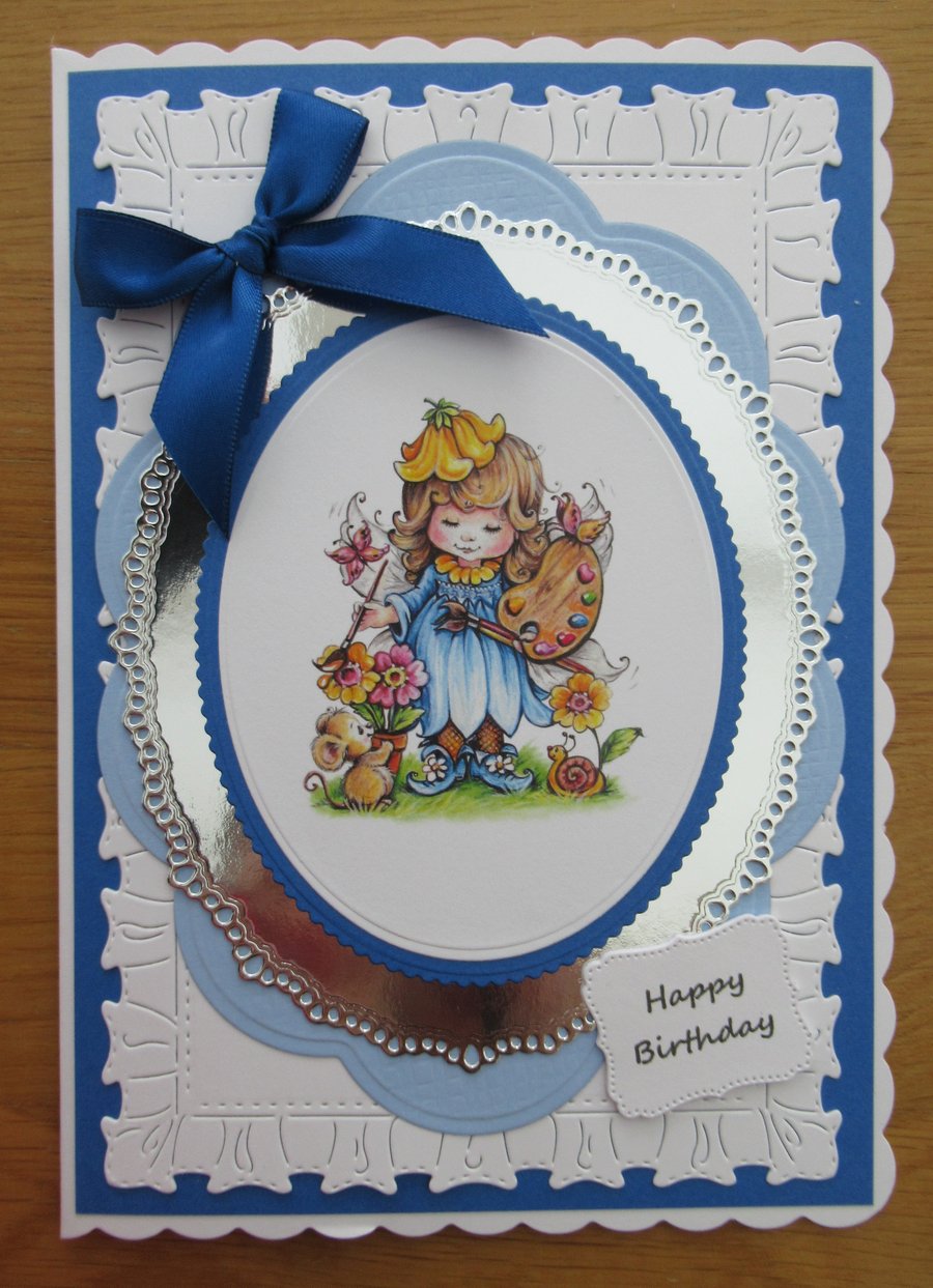 Young Fairy Painting The Flowers - A5 Birthday Card