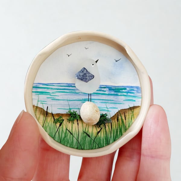 Handmade Seagull Fridge Magnet, Mini Sea Glass Watercolour Sustainable Art