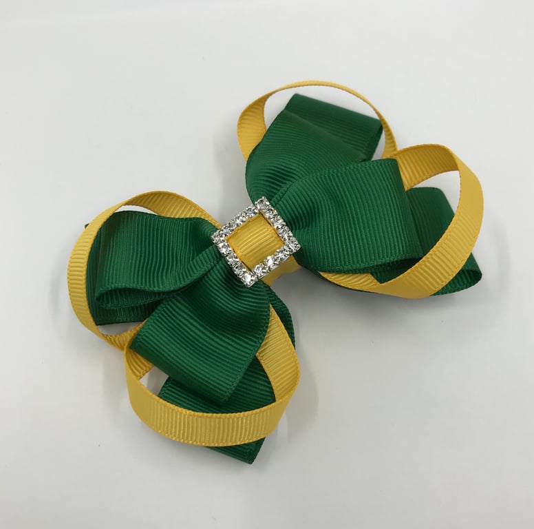 School Forest Green Double Layer Bow with Yellow Gold Loops on Clip