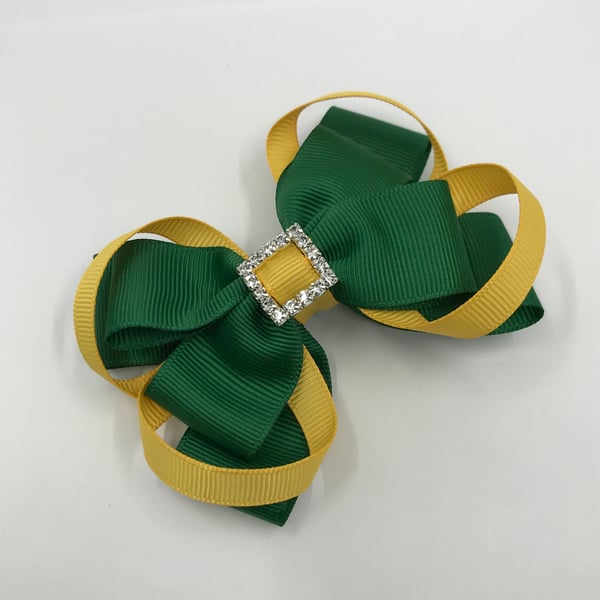 School Forest Green Double Layer Bow with Yellow Gold Loops on Clip