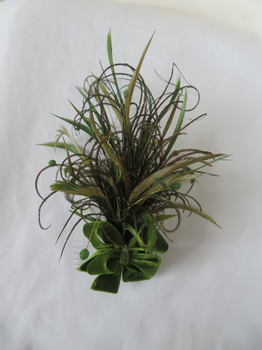 Olive Moss Green Velvet Bow Feather Regency Hair Comb Fascinator