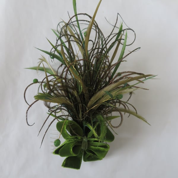 Olive Moss Green Velvet Bow Feather Regency Hair Comb Fascinator