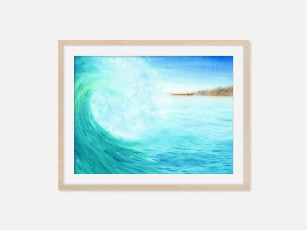 Blue Ocean Wave with Distant Island - Art Print, Coastal Watercolor Art Poster