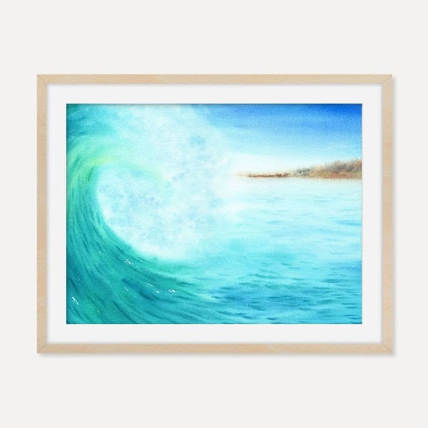 Blue Ocean Wave with Distant Island - Art Print, Coastal Watercolor Art Poster