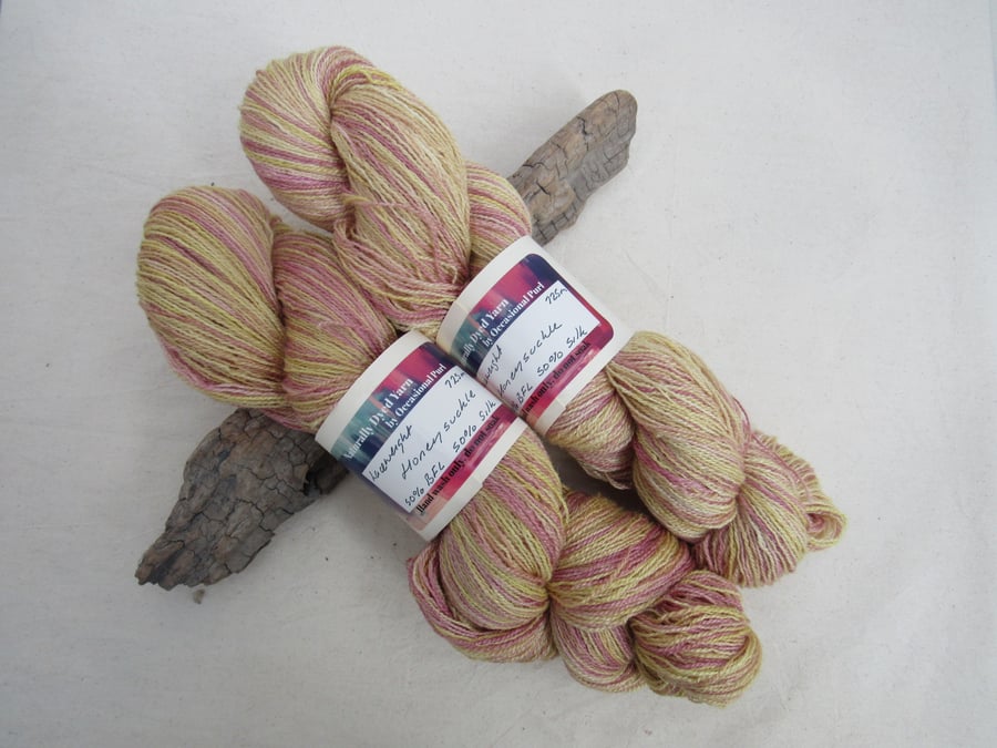 100g Honeysuckle BFL Silk Blend Space Dyed Natural Dye Laceweight Yarn