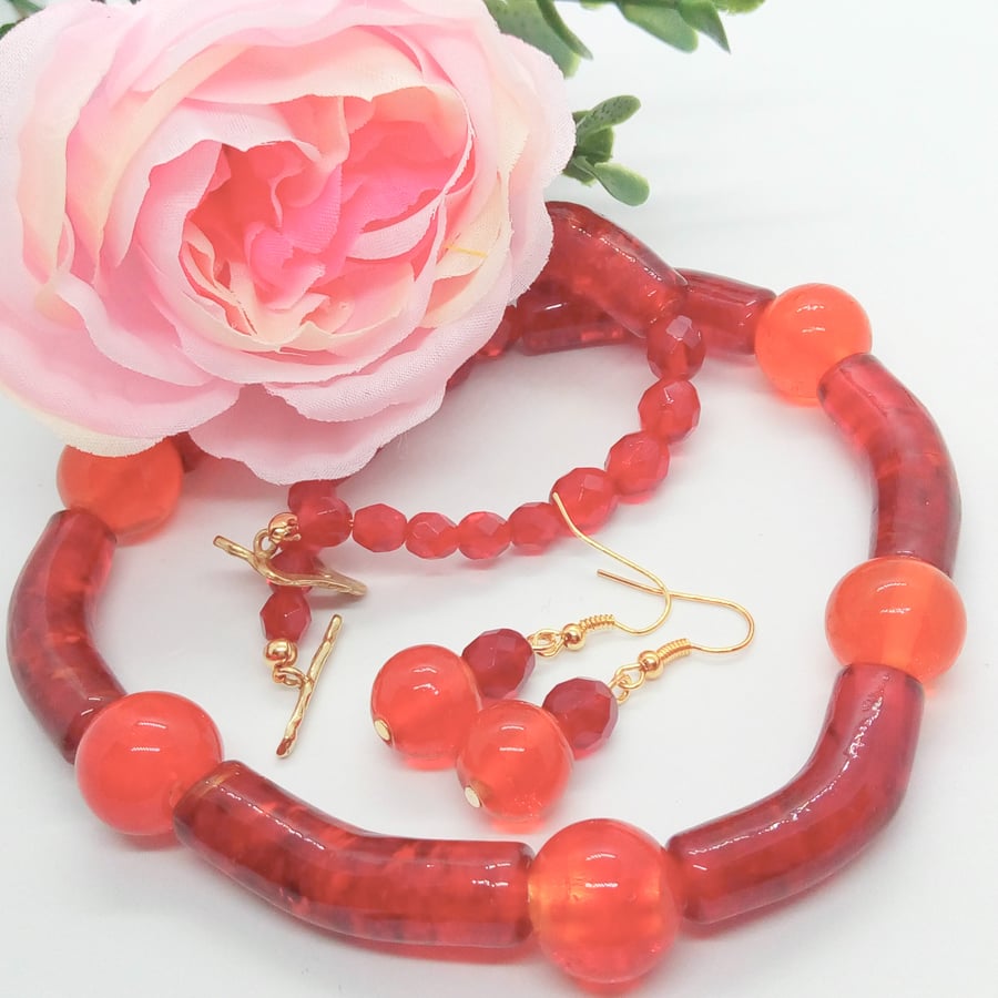 Red Crystal and Tube Bead Jewellery Set, Red Beaded Necklace and Earring Set