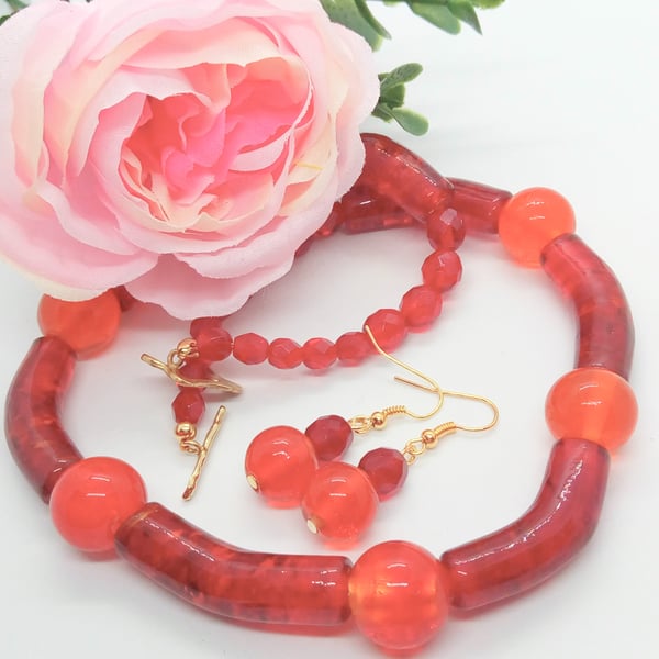 Red Crystal and Tube Bead Jewellery Set, Red Beaded Necklace and Earring Set