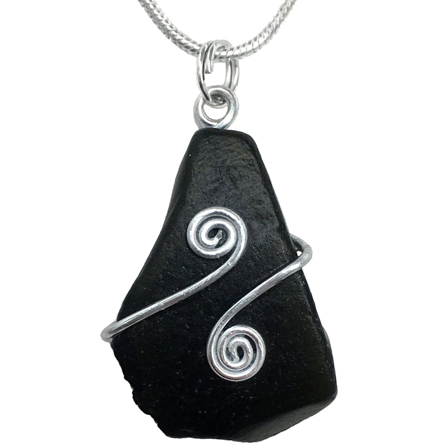 Sea Glass Pendant - Black Silver Wire Wrapped Celtic Spiral Necklace Jewellery