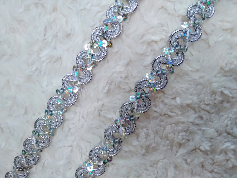 2 metres 1.5cm wide silver sequinned GLITZY trim for sewing & crafting projects