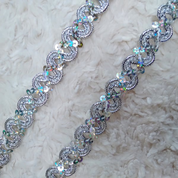 2 metres 1.5cm wide silver sequinned GLITZY trim for sewing & crafting projects