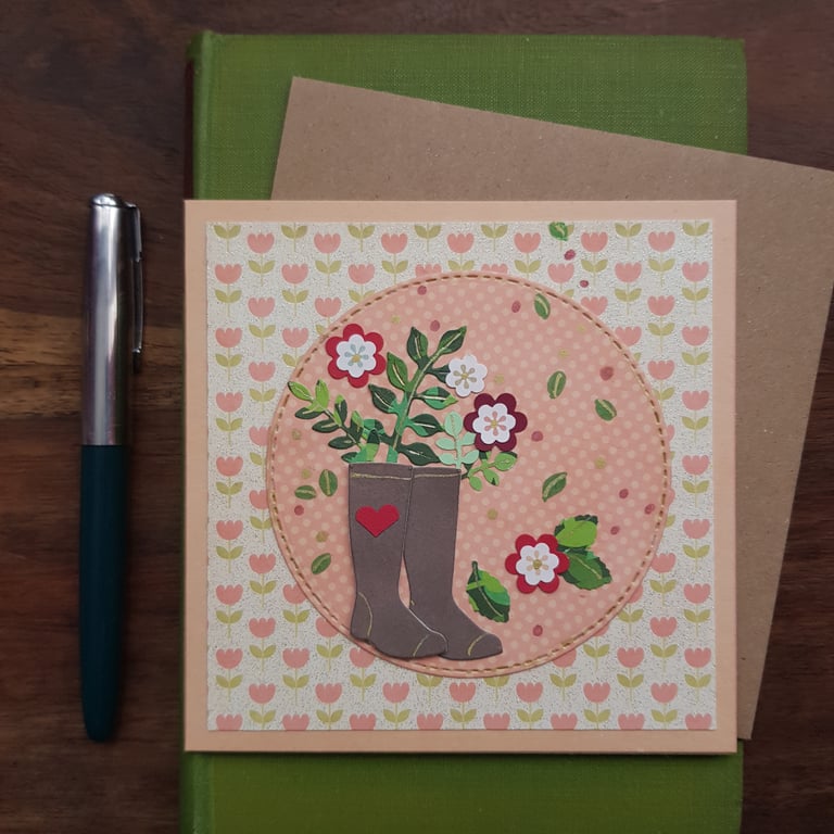 Whimsical Gardening Boots with Flowers, Tulips handmade blank card, keepsake