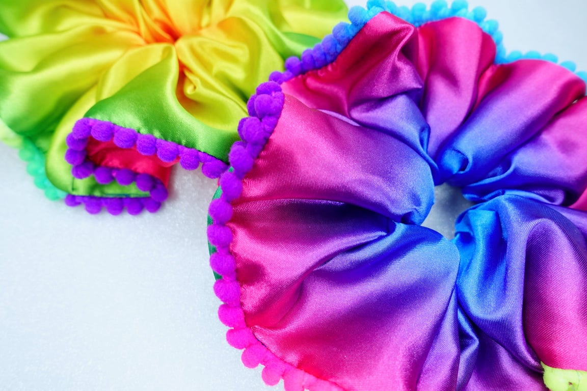 XXL Satin Scrunchies, Pom Pom Rainbow Oversized Scrunchies, Pride Scrunchies