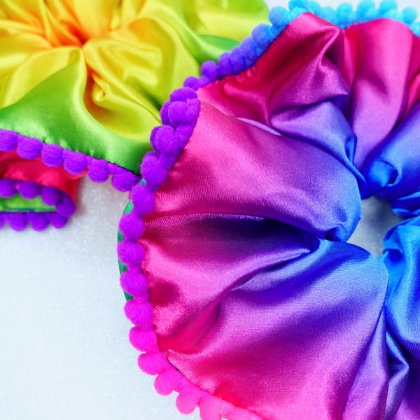 XXL Satin Scrunchies, Pom Pom Rainbow Oversized Scrunchies, Pride Scrunchies
