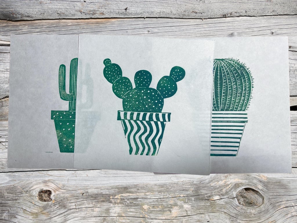 Cacti Linoprint Set: Hand-Burnished Japanese Paper Wall Art