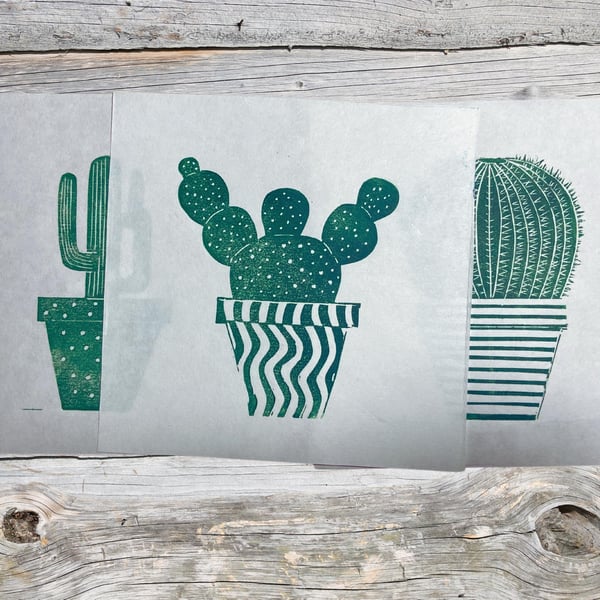 Cacti Linoprint Set: Hand-Burnished Japanese Paper Wall Art