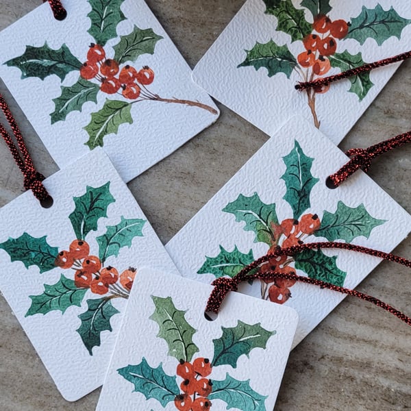 Hand painted original watercolor gift tags, Holly berries, set of 5 christmas 