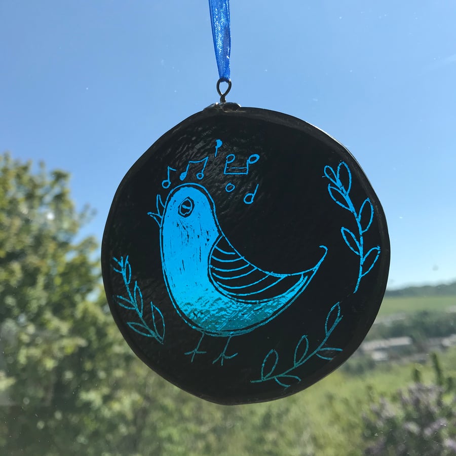 Bird stained glass suncatcher, blue bird, circle