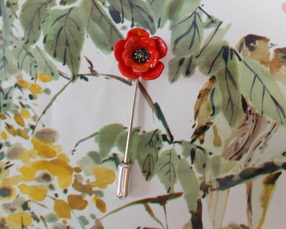 TINY RED POPPY PIN Wedding Corsage Remembrance Lapel Flower Brooch HAND PAINTED