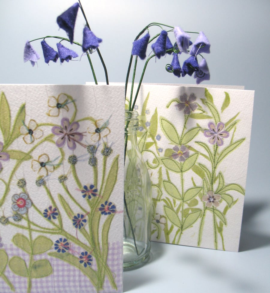Pair of Flower Garden cards in shades of purple