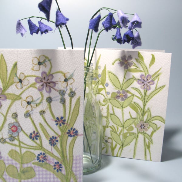 Pair of Flower Garden cards in shades of purple