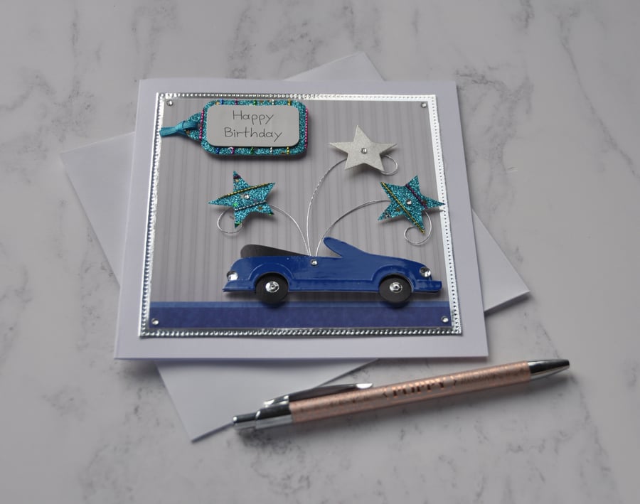 Blue Sports Car Birthday Card Convertible Stars Happy Birthday 3D Handmade