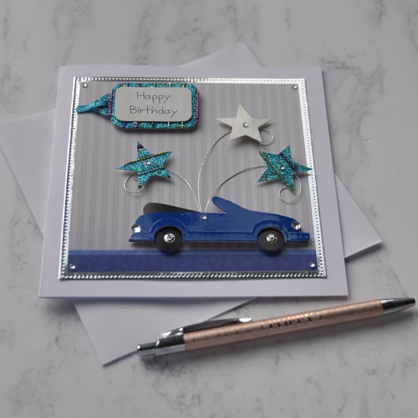 Blue Sports Car Birthday Card Convertible Stars Happy Birthday 3D Handmade