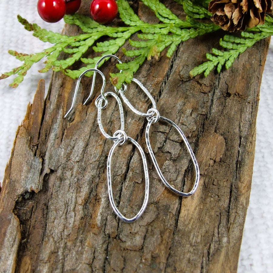 Earrings, Sterling Silver Organic Ovals Long Droppers