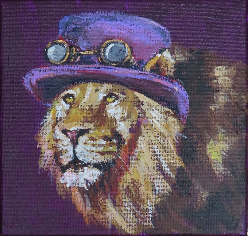 Steampunk Lion Tiny Art Original Acrylic Painting on Canvas OOAK Retro Cat