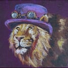 Steampunk Lion Tiny Art Original Acrylic Painting on Canvas OOAK Retro Cat
