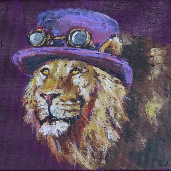 Steampunk Lion Tiny Art Original Acrylic Painting on Canvas OOAK Retro Cat