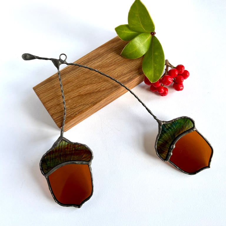 Two stained glass acorns on a branch window hanging art, Autumnal suncatcher