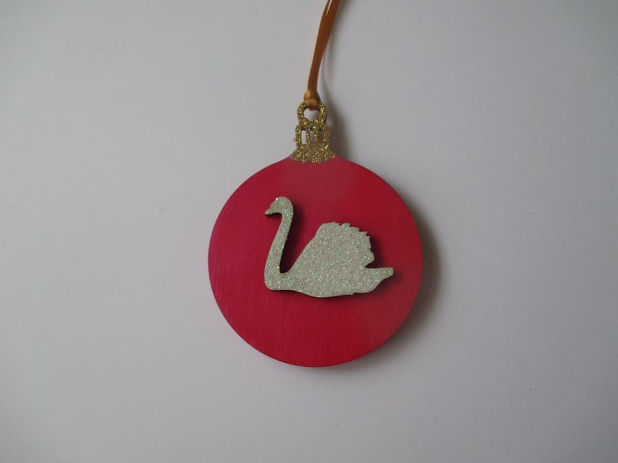 SALE White Swan Christmas Tree Bauble Decoration Wooden Glittery Hanging Bird
