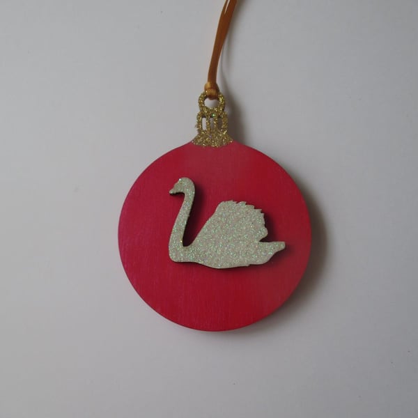 SALE White Swan Christmas Tree Bauble Decoration Wooden Glittery Hanging Bird