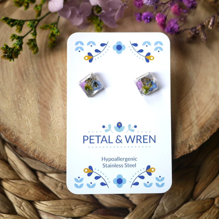 Handmade Real Dried Pressed Flowers Resin Hypoallergenic Earrings