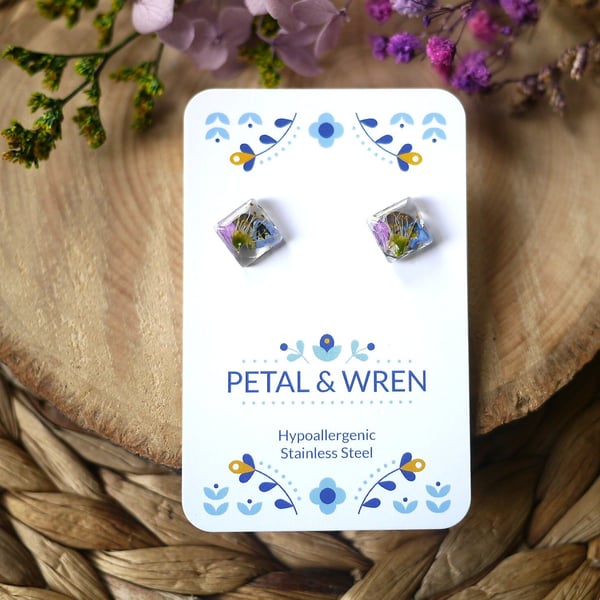 Handmade Real Dried Pressed Flowers Resin Hypoallergenic Earrings