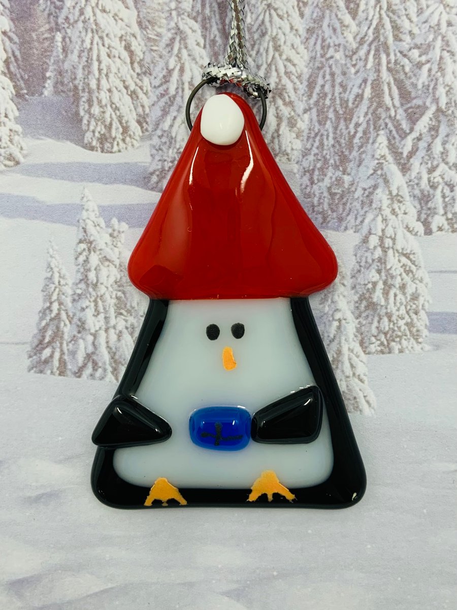 Handmade Fused Glass Penguin Hanging Christmas Decoration 