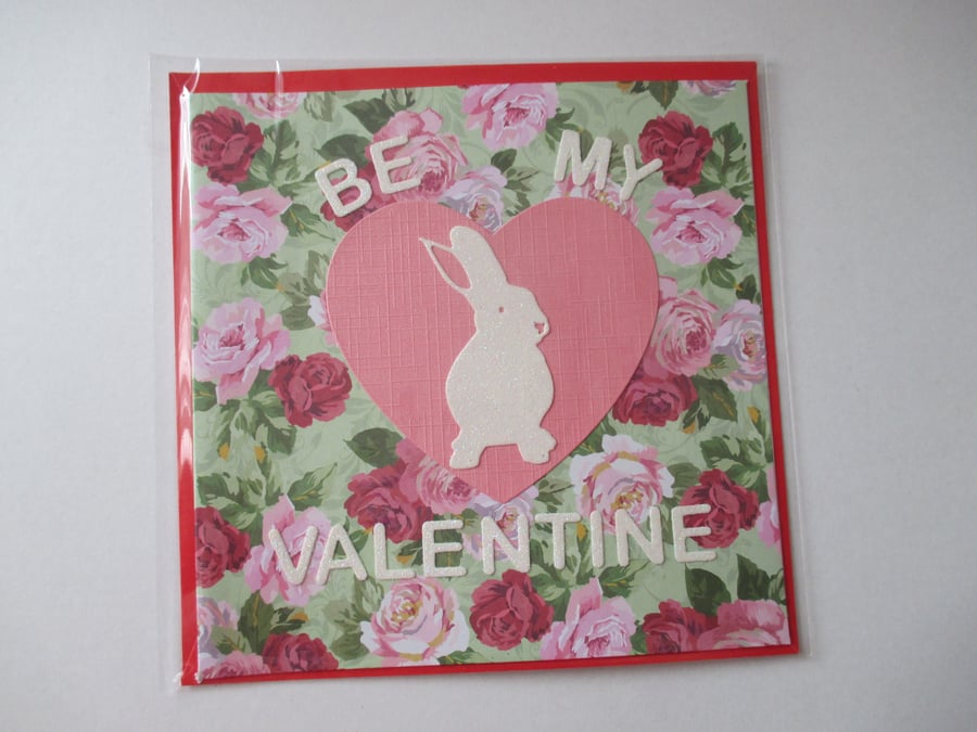 Valentine's Day Bunny Rabbit Valentine Card Love Heart Hand Crafted Rose