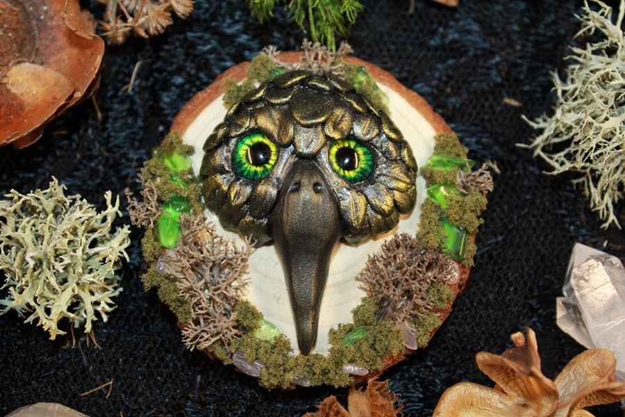 Sculpted Crow Face Decorative Wood Slice Ornament OOAK 