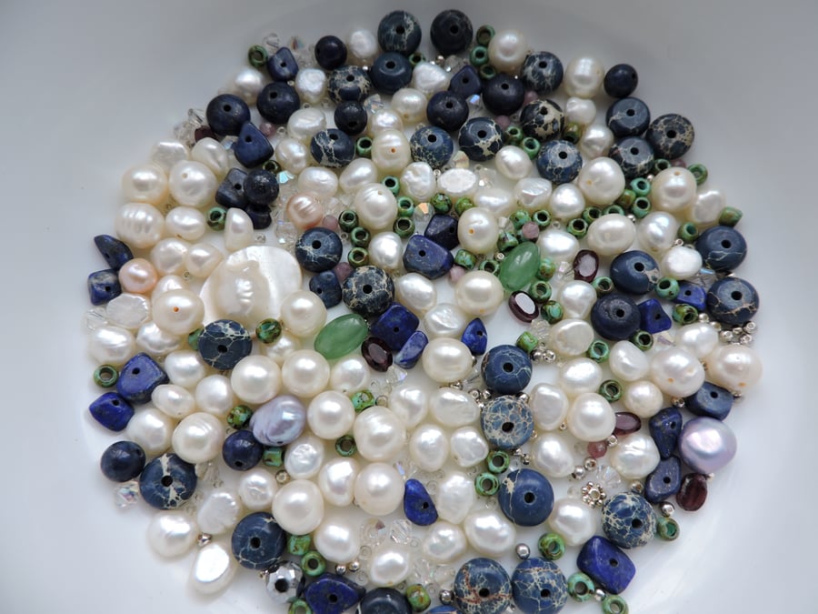 Bead Bundle Semi Precious including Pearls Jasper Lapis Lazuli Jade