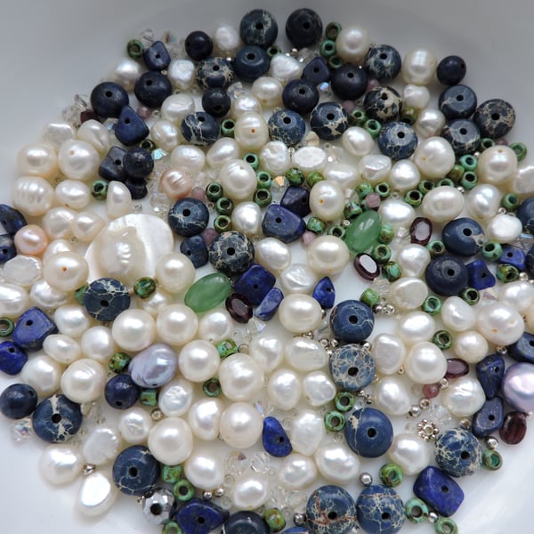 Bead Bundle Semi Precious including Pearls Jasper Lapis Lazuli Jade