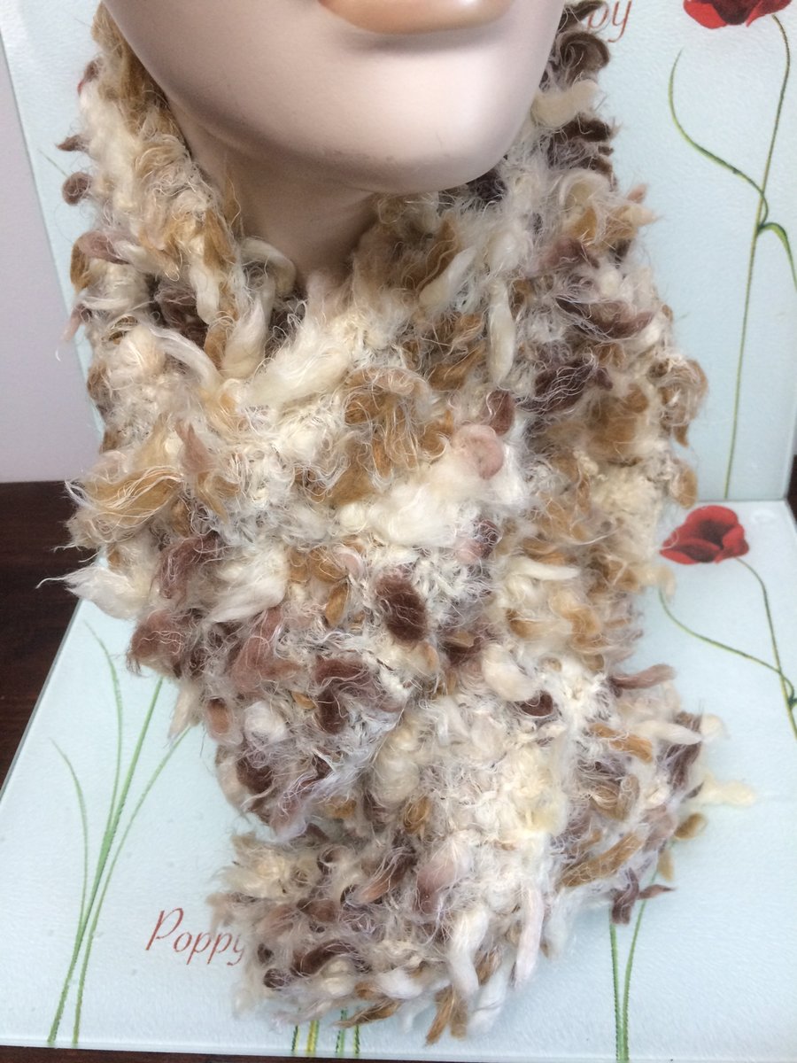 Hand Knitted Super Chunky Fashion Scarf Brown Cream by Poppy Kay Designs