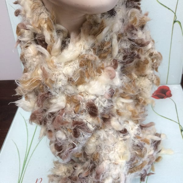 Hand Knitted Super Chunky Fashion Scarf Brown Cream by Poppy Kay Designs