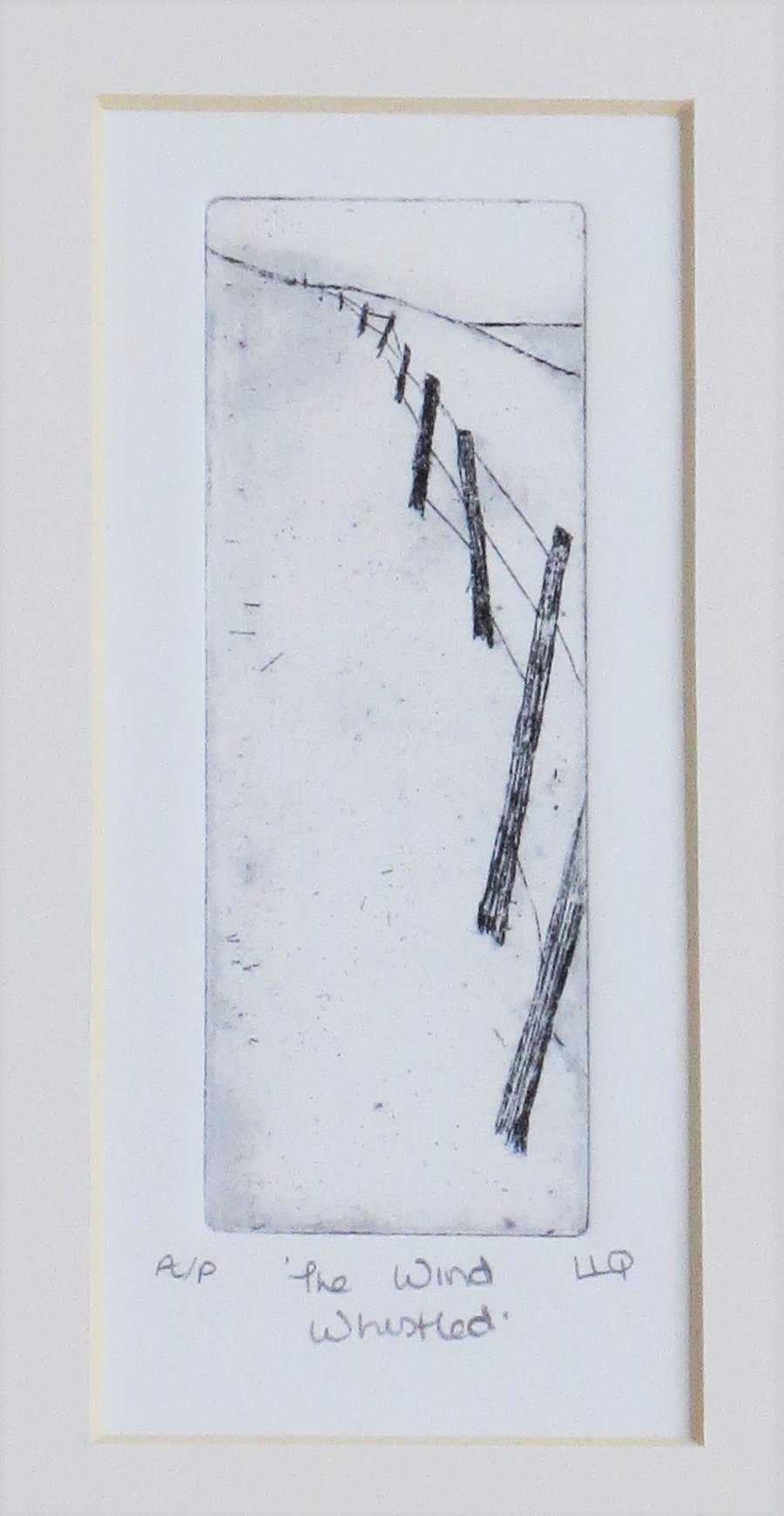 Original etching print fence posts along the coast path mounted ready to frame
