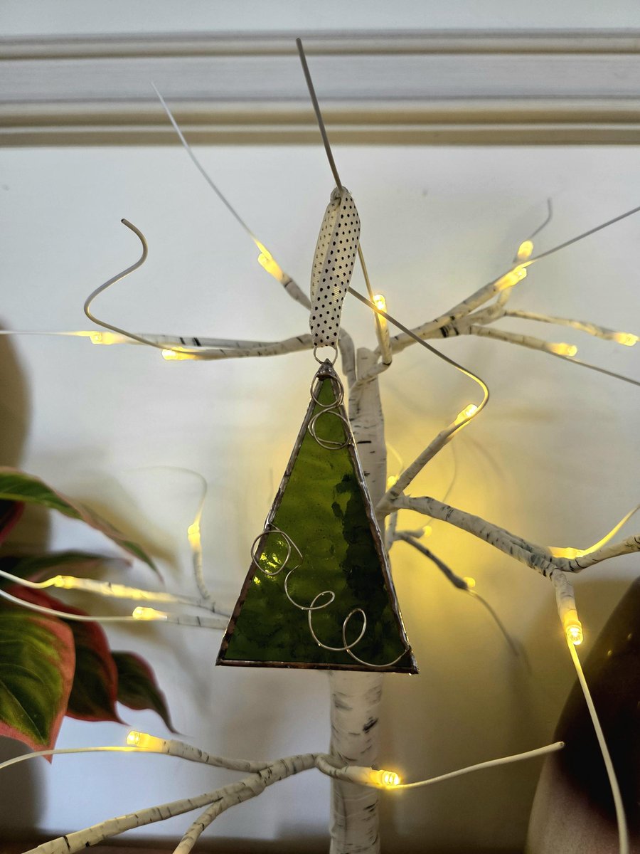 Dark green stained glass Christmas tree decoration, hanging Christmas ornament
