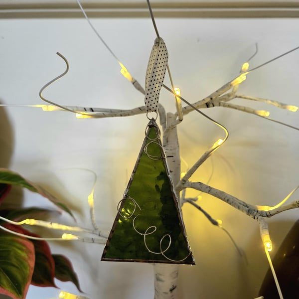 Dark green stained glass Christmas tree decoration, hanging Christmas ornament