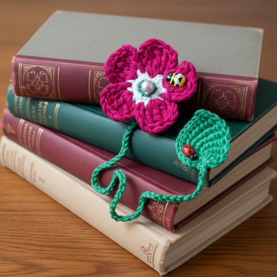 Pink Forget-Me-Not Crochet Bookmark with Green Leaf, Bee and Ladybird
