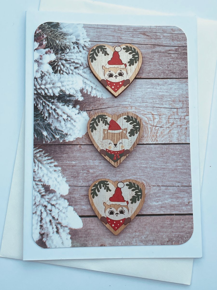 Cute Christmas characters on wooden hearts Christmas card