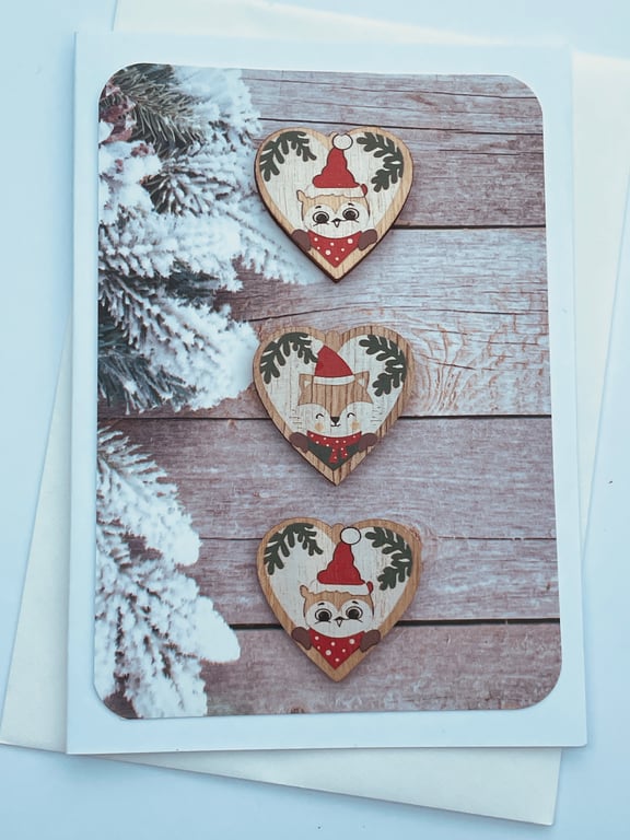 Cute Christmas characters on wooden hearts Christmas card